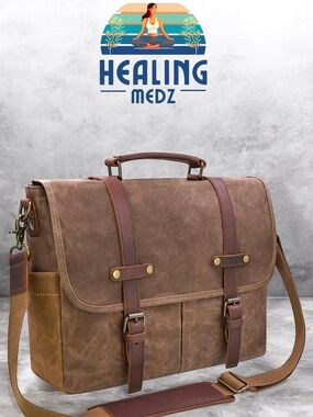Mens Coffee Brown Vintage Messenger Bag 15.6 Inch Vintage Waxed Canvas Briefcase